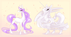 Size: 4064x2104 | Tagged: safe, artist:marbola, oc, oc only, species:alicorn, species:earth pony, species:pony, alicorn oc, duo, feathered fetlocks, female, mare, simple background, tail feathers, yellow background