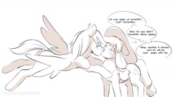 Size: 1600x901 | Tagged: safe, artist:icychamber, character:applejack, character:rainbow dash, species:earth pony, species:pegasus, species:pony, ship:appledash, duo, female, flying, kissing, lesbian, mare, monochrome, shipping, simple background, spread wings, white background, wings