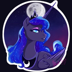 Size: 1000x1000 | Tagged: safe, artist:candasaurus, character:princess luna, species:alicorn, species:pony, catchlights, ethereal mane, female, galaxy mane, highlights, jewelry, lidded eyes, mare, moon, night, sky, solo, stars, sticker, tiara