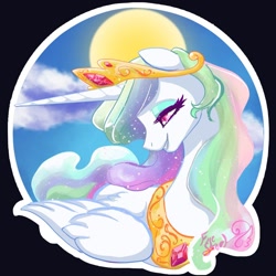 Size: 1000x1000 | Tagged: safe, artist:candasaurus, character:princess celestia, species:alicorn, species:pony, catchlights, cloud, female, highlights, jewelry, lidded eyes, mare, sky, solo, sticker, sun, tiara