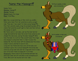 Size: 1412x1112 | Tagged: safe, artist:chili19, oc, oc only, oc:nana, species:hippogriff, duo, hippogriff oc, reference sheet, saddle, tack, text, wingless
