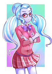 Size: 1000x1420 | Tagged: safe, artist:hobilo, character:sugarcoat, my little pony:equestria girls, clothing, crossed arms, crystal prep academy uniform, female, glasses, looking at you, miniskirt, pigtails, plaid skirt, pleated skirt, school uniform, skirt, solo, twintails, unamused