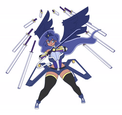Size: 1916x1808 | Tagged: safe, artist:franschesco, character:princess luna, species:human, battle mode, breasts, busty princess luna, clothing, horn, horned humanization, humanized, levitation, magic, stockings, sword, telekinesis, thigh highs, weapon, winged humanization, wings