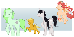 Size: 984x500 | Tagged: safe, artist:askmerriweatherauthor, oc, oc only, oc:china saucer, oc:loose leaf, oc:meadow lark (ask merriweather), oc:merriweather, species:pegasus, species:pony, species:unicorn, colt, female, male, mare, mother and child, mother and son, scar