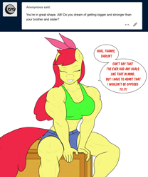 Size: 1280x1535 | Tagged: safe, artist:matchstickman, character:apple bloom, species:anthro, species:earth pony, species:pony, abs, apple brawn, biceps, breasts, busty apple bloom, clothing, crate, deltoids, denim shorts, dialogue, eyes closed, female, mare, matchstickman's apple brawn series, muscles, muscular female, older, older apple bloom, pecs, sexy, shorts, simple background, solo, speech bubble, sports bra, talking to viewer, thighs, thunder thighs, tomboy, tumblr comic, tumblr:where the apple blossoms, white background