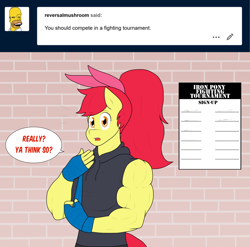 Size: 1280x1267 | Tagged: safe, artist:matchstickman, character:apple bloom, species:anthro, species:earth pony, species:pony, apple brawn, bandage, biceps, clothing, deltoids, dialogue, female, hoodie, looking at you, mare, matchstickman's apple brawn series, muscles, older, older apple bloom, poster, solo, speech bubble, talking to viewer, tumblr comic, tumblr:where the apple blossoms