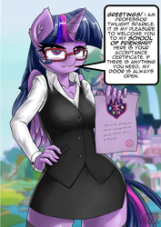 Size: 999x1414 | Tagged: safe, artist:iloota, edit, editor:anonymind, character:twilight sparkle, character:twilight sparkle (alicorn), species:alicorn, species:anthro, species:pony, episode:school daze, g4, my little pony: friendship is magic, clothing, cloud, female, glasses, hand on hip, hips, horn, hot for teacher, lip bite, mare, miniskirt, mountain, school of friendship, side slit, skirt, skirt suit, sky, socks, solo, speech, stockings, suit, thigh highs, vest, waterfall, wings, zettai ryouiki