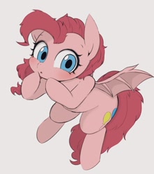 Size: 906x1024 | Tagged: safe, artist:manachaaaaaaaa, character:pinkie pie, species:bat pony, species:pony, :o, bat ponified, cute, diapinkes, female, gray background, mare, open mouth, pinkiebat, race swap, simple background, solo