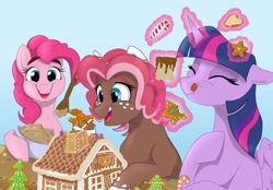 Size: 1280x889 | Tagged: safe, artist:rutkotka, character:pinkie pie, character:twilight sparkle, character:twilight sparkle (alicorn), oc, oc:ginger bread, species:alicorn, species:earth pony, species:pony, batter, candy, candy cane, cookie, eating, food, gingerbread house, tongue out