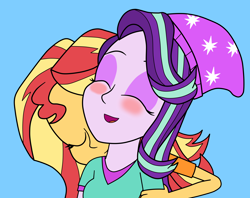 Size: 3300x2616 | Tagged: safe, artist:eagc7, character:starlight glimmer, character:sunset shimmer, ship:shimmerglimmer, my little pony:equestria girls, beanie, blue background, blushing, clothing, cute, eyes closed, eyeshadow, female, glimmerbetes, hat, hug, kissing, lesbian, makeup, neck kiss, open mouth, shimmerbetes, shipping, shirt, simple background, t-shirt