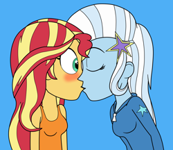 Size: 3708x3204 | Tagged: safe, artist:eagc7, character:sunset shimmer, character:trixie, ship:suntrix, my little pony:equestria girls, blushing, clothing, female, kissing, lesbian, shipping, sleeveless, tank top