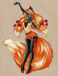 Size: 3350x4441 | Tagged: safe, artist:divinekitten, oc, oc only, oc:serenity fox, species:anthro, species:fox, species:pony, anthro oc, clothing, female, fox pony, high heels, high res, hybrid, mare, shirt, shoes, shorts, solo, traditional art