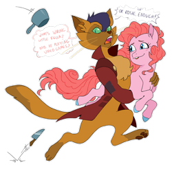 Size: 1024x1018 | Tagged: safe, artist:pikokko, character:capper dapperpaws, character:pinkie pie, oc, oc:rose gold, species:abyssinian, species:anthro, species:digitigrade anthro, species:earth pony, species:pony, carrying, clothing, coat, colored hooves, cuphead, dialogue, female, knife, mare, pinkie clone, pot, running, running away, simple background, throwing, transparent background