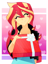 Size: 2448x3264 | Tagged: safe, artist:xan-gelx, character:sunset shimmer, species:human, my little pony:equestria girls, clothing, commission, cute, digital art, eyes closed, female, holiday, present, shimmerbetes, smiling, solo, valentine's day