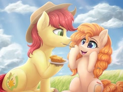 Size: 1024x768 | Tagged: safe, artist:novaintellus, character:bright mac, character:pear butter, species:earth pony, species:pony, ship:brightbutter, apple, apple pie, brightabetes, cute, female, food, male, mare, mouth hold, pearabetes, picnic, pie, scenery, shipping, sitting, smiling, stallion, straight