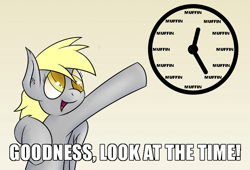 Size: 700x475 | Tagged: safe, artist:jorobro, character:derpy hooves, species:pegasus, species:pony, caption, colored pupils, cute, female, image macro, it's muffin time, look at the time, mare, meme, muffin time, pointing, solo, text