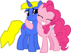 Size: 1761x1327 | Tagged: safe, artist:kayman13, character:pinkie pie, oc, oc:kellen, species:earth pony, species:pony, species:unicorn, eyes closed, female, grin, holding, horn, hugging a pony, love, mare, simple background, smiling, transparent background