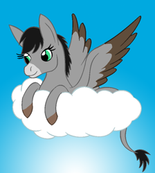 Size: 664x740 | Tagged: safe, artist:chili19, oc, oc only, species:donkey, cloud, colored hooves, donkey oc, female, hybrid, on a cloud, smiling, solo, wings