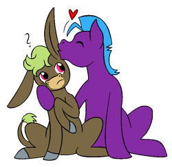 Size: 714x693 | Tagged: safe, artist:chili19, oc, oc only, oc:patrick, oc:rufus, species:earth pony, species:pony, colored hooves, donkey oc, earth pony oc, eyes closed, gay, kissing, male, oc x oc, question mark, shipping, simple background, sitting, stallion, transparent background