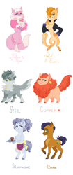 Size: 3139x7448 | Tagged: safe, artist:pikokko, oc, oc only, oc:brass, oc:copper, oc:gold fever, oc:platinum royal, oc:silverware, oc:steel, parent:capper dapperpaws, parent:oc:rose gold, parent:pinkie pie, parents:capperpie, species:abyssinian, species:anthro, species:digitigrade anthro, species:pony, species:unguligrade anthro, abyssinian oc, apron, boa, cat, cat eyes, catpony, clothing, ear piercing, earring, fangs, female, food, hair over one eye, hybrid, interspecies offspring, jacket, jewelry, male, muffin, necklace, offspring, original species, piercing, siblings, simple background, slit eyes, white background