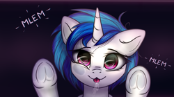 Size: 2228x1251 | Tagged: safe, artist:radioaxi, edit, character:dj pon-3, character:vinyl scratch, species:pony, species:unicorn, :3, against glass, catface, female, fourth wall, frog (hoof), glass, licking window, looking at you, mlem, silly, solo, tongue out, underhoof, wallpaper
