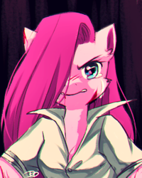 Size: 400x500 | Tagged: safe, artist:jacky-bunny, character:pinkamena diane pie, character:pinkie pie, species:anthro, anime, anime style, blood, breasts, cleavage, crying, hair over one eye, injured