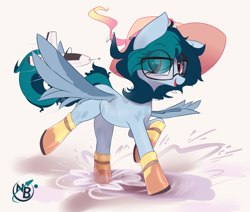 Size: 3210x2720 | Tagged: safe, artist:nevobaster, oc, oc only, oc:delta vee, species:pegasus, species:pony, boots, clothing, cute, female, glasses, gumboots, happy, hat, mare, ocbetes, open mouth, playing, puddle, rocket, running, shoes, simple background, spread wings, toy, weapons-grade cute, white background, wings, younger