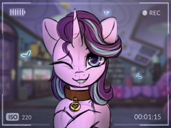 Size: 2000x1499 | Tagged: safe, artist:radioaxi, character:starlight glimmer, species:pony, species:unicorn, camera shot, collar, cute, female, glimmerbetes, happy, looking at you, mare, one eye closed, pet, pet glimmer, petting, pony pet, sci-twi's room, smiling, solo, ych example, your character here