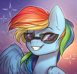 Size: 1920x1845 | Tagged: dead source, safe, artist:radioaxi, character:rainbow dash, species:pegasus, species:pony, bust, dreamworks face, ear fluff, female, glasses, grin, indexed png, looking at you, portrait, smiling, smiling at you, solo, sunglasses, wings