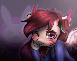 Size: 1280x1024 | Tagged: safe, artist:radioaxi, species:pony, d.va, looking at you, one eye closed, overwatch, ponified, smiling, solo, video game