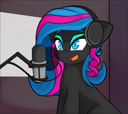 Size: 2424x2152 | Tagged: safe, artist:caoscore, oc, oc only, oc:obabscribbler, oc:scribbler, species:earth pony, species:pony, eyeshadow, female, headphones, makeup, microphone, smiling, solo