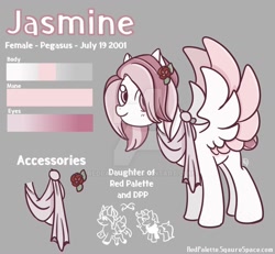 Size: 1280x1184 | Tagged: safe, artist:redpalette, oc, oc only, parents:oc x oc, species:pegasus, species:pony, clothing, cute, female, flower, mare, offspring, pink, reference sheet, rose, scarf
