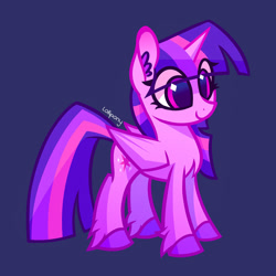 Size: 1000x1000 | Tagged: safe, artist:lollipony, character:twilight sparkle, character:twilight sparkle (alicorn), species:alicorn, species:pony, blue background, chest fluff, cute, ear fluff, eye clipping through hair, female, fluffy, mare, simple background, smiling, solo, style emulation, twiabetes, unshorn fetlocks