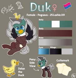 Size: 1995x2048 | Tagged: safe, artist:redpalette, oc, oc only, oc:duk, species:bird, species:duck, species:pegasus, species:pony, bill, bisexual pride flag, blue eyes, brown body, cute, female, pride, pride flag, reference sheet