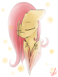 Size: 778x1024 | Tagged: safe, artist:yuris, character:fluttershy, species:pegasus, species:pony, abstract background, bust, eyes closed, female, floppy ears, mare, portrait, solo, stray strand, three quarter view, wings