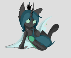 Size: 3024x2472 | Tagged: safe, artist:groomlake, character:queen chrysalis, species:changeling, species:pony, changeling queen, colored, covering, crown, curved horn, cute, cutealis, female, frog (hoof), gray background, horn, jewelry, looking at you, love, mare, regalia, silly, simple, simple background, solo, spots, spread wings, tail covering, tongue out, underhoof, wings