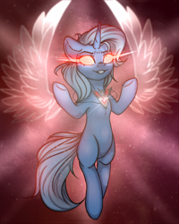Size: 1280x1598 | Tagged: safe, artist:radioaxi, character:trixie, species:pony, species:unicorn, episode:magic duel, g4, my little pony: friendship is magic, alicorn amulet, artificial wings, augmented, featured on derpibooru, female, glowing eyes, magic, magic wings, mare, missing cutie mark, powerful, red eyes take warning, solo, trixiecorn, wings, xk-class end-of-the-world scenario