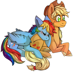 Size: 1185x1179 | Tagged: safe, artist:cinnamonsparx, character:applejack, character:rainbow dash, species:earth pony, species:pegasus, species:pony, ship:appledash, blushing, female, lesbian, mare, pony pillow, prone, shipping, simple background, sleeping, transparent background