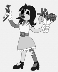 Size: 1586x1955 | Tagged: safe, artist:chili19, oc, oc only, oc:olivia sky, species:human, bouquet, clothing, dress, female, flower, gloves, gray background, grayscale, high heels, humanized, monochrome, pacman eyes, shoes, simple background, solo, undead, zombie