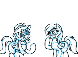 Size: 1819x1348 | Tagged: safe, artist:outofworkderpy, character:a.k. yearling, character:derpy hooves, oc, oc:acky, species:pegasus, species:pony, clothing, glasses, hat, lineart, my little pony, scarf, sketch, wip