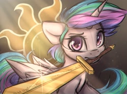 Size: 1360x1000 | Tagged: safe, artist:radioaxi, character:princess celestia, species:alicorn, species:pony, g4, alternate hairstyle, armor, crepuscular rays, cutie mark, fantasy class, female, greek, knight, looking at you, mare, mouth hold, sketchy, solo, sword, warrior, warrior celestia, weapon