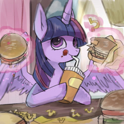 Size: 1000x1000 | Tagged: safe, artist:hosikawa, character:twilight sparkle, character:twilight sparkle (alicorn), species:alicorn, species:pony, adorkable, burger, cute, dork, drink, drinking, eating, fast food, female, food, french fries, hay burger, hay fries, hoof hold, horseshoe fries, japanese, magic, mare, messy eating, sitting, solo, spread wings, straw, telekinesis, this will end in weight gain, twiabetes, twilight burgkle, wings