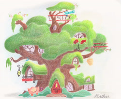 Size: 2710x2212 | Tagged: safe, artist:lollipony, beehive, golden oaks library, lantern, no pony, simple background, telescope, traditional art, tree, white background