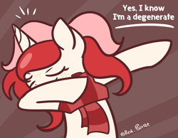 Size: 1014x788 | Tagged: safe, artist:redpalette, oc, oc only, oc:red palette, species:pony, species:unicorn, clothing, dab, female, freckles, mare, meme, red, scarf