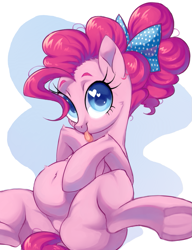 Size: 843x1098 | Tagged: safe, artist:toroitimu, character:pinkie pie, species:earth pony, species:pony, episode:the last problem, g4, my little pony: friendship is magic, alternate hairstyle, belly button, belly fluff, bow, cheek fluff, cute, diapinkes, digital art, female, frog (hoof), hair bow, heart eyes, leg fluff, mare, older, older pinkie pie, preggy pie, pregnant, smiling, solo, tongue out, underhoof, wingding eyes
