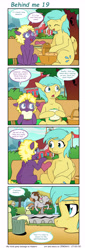 Size: 2691x7900 | Tagged: safe, artist:jeremy3, character:derpy hooves, character:sunshower raindrops, oc, oc:trissie, oc:valentine, species:earth pony, species:pegasus, species:pony, comic:behind me, alternate universe, basket, comic, food, fountain, hiding, park bench, picnic basket, ponyville, ponyville schoolhouse, sandwich, statue, trash can, tree