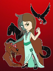 Size: 1555x2053 | Tagged: safe, artist:chili19, oc, oc only, oc:olivia sky, species:bird, species:crow, species:human, clothing, demon, dress, frown, gradient background, high heels, humanized, shoes, undead, zombie