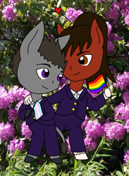 Size: 991x1355 | Tagged: safe, artist:chili19, oc, oc only, oc:patrick, oc:rufus, species:anthro, species:donkey, species:earth pony, species:pony, species:unguligrade anthro, clothing, earth pony oc, flower, gay, gay pride flag, hoof hold, male, oc x oc, pride, pride flag, shipping, suit, trans male, transgender, transgender pride flag