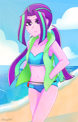Size: 2064x3222 | Tagged: safe, artist:xan-gelx, character:aria blaze, my little pony:equestria girls, beach, belly button, bikini, clothing, female, high res, looking at you, midriff, ocean, sand, smiling, solo, swimsuit, vest