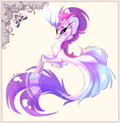 Size: 2089x2133 | Tagged: safe, artist:marbola, character:queen novo, species:seapony (g4), g4, my little pony: the movie (2017), crown, curvy, eyelashes, female, fins, fish tail, high res, jewelry, lidded eyes, purple eyes, regalia, signature, simple background, solo